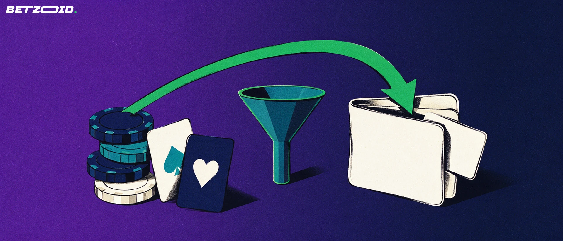 Illustration of casino chips and playing cards with a curved arrow flowing through a funnel into an open wallet holding a plain card.