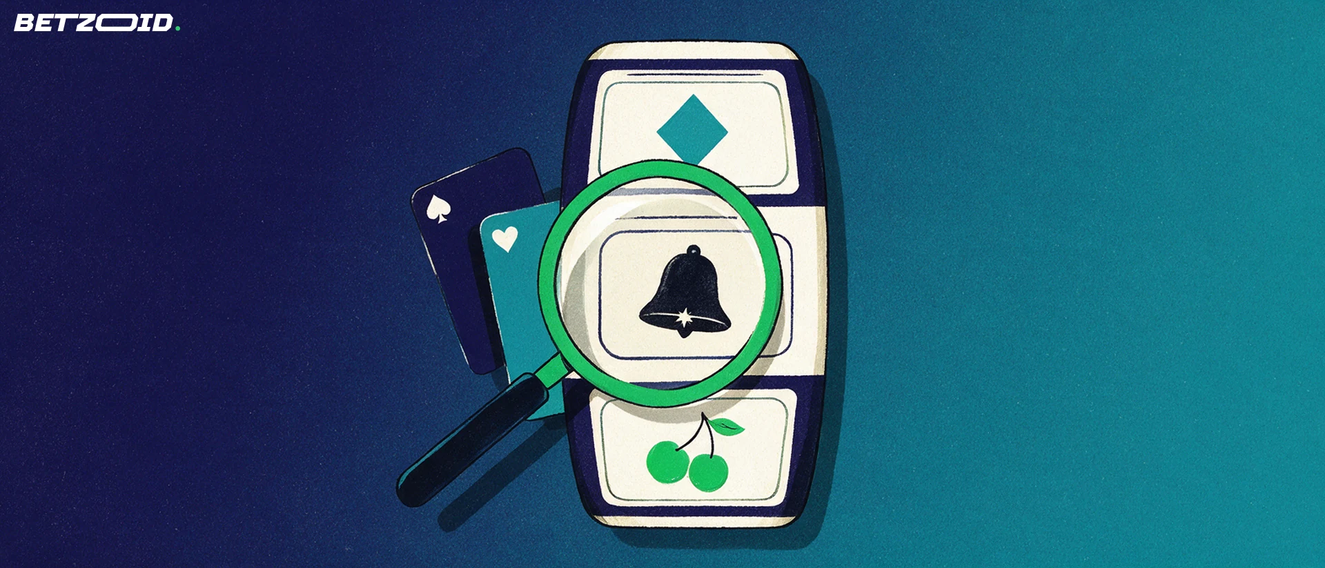 Illustration of a magnifying glass inspecting symbols on a large slot machine reel drum with two playing cards behind it.