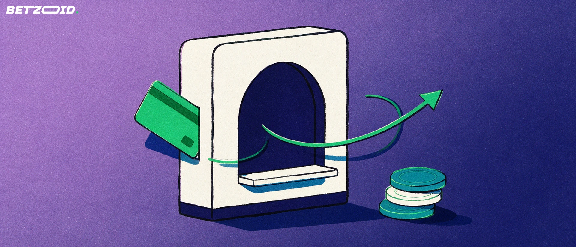 Illustration of a plain bank card entering an arched casino cashier window with a curved arrow and stacked chips beside it.