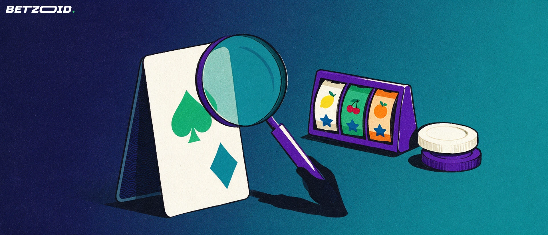 Illustration of a magnifying glass inspecting a playing card with suit symbols beside a slot reel and casino chips