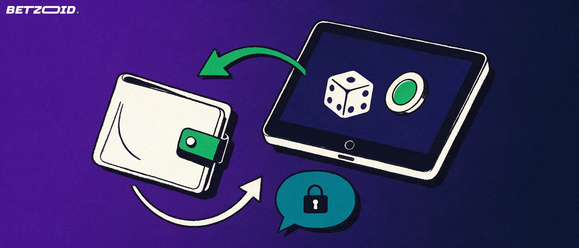 Illustration of a handheld device with dice and chip icons connected by arrows to a wallet, with a speech bubble and padlock