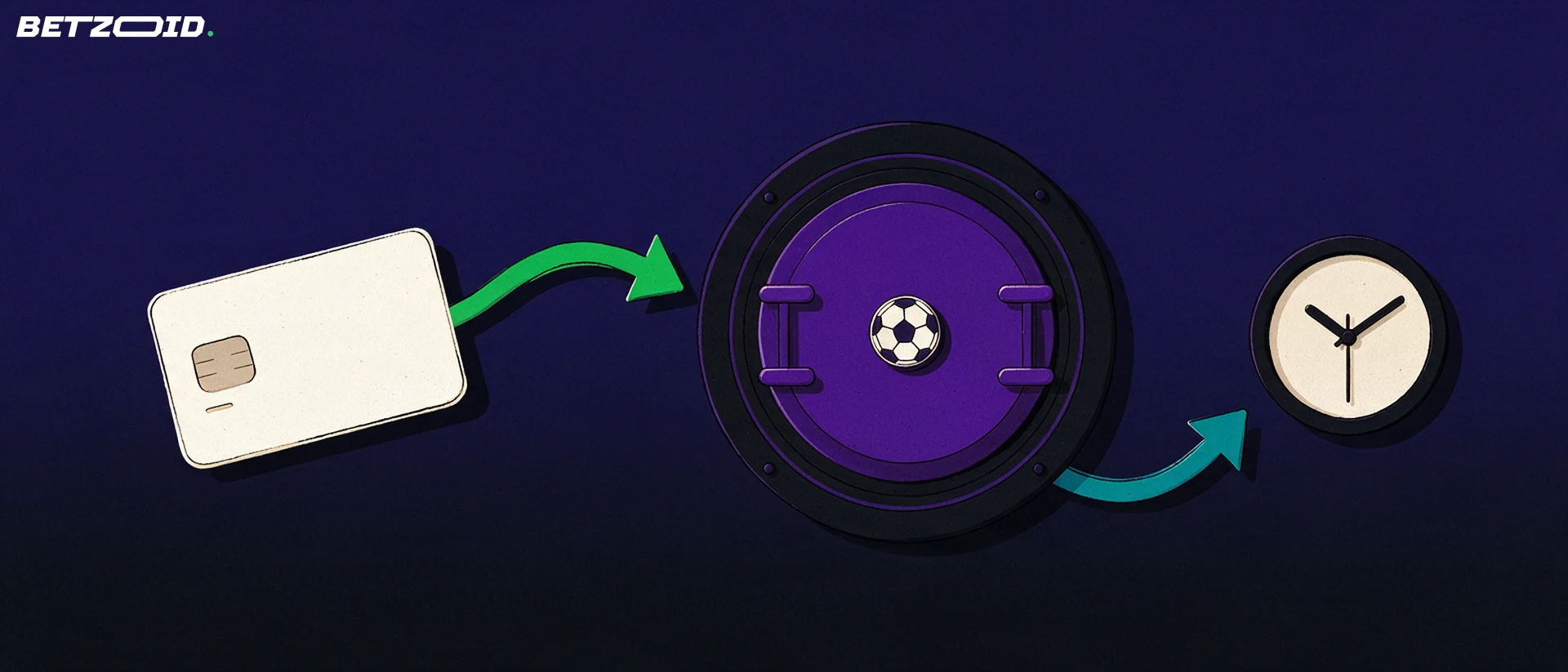 Illustration of a payment card, arrows, a vault door with a soccer ball emblem and a plain clock showing deposit and withdrawal flow