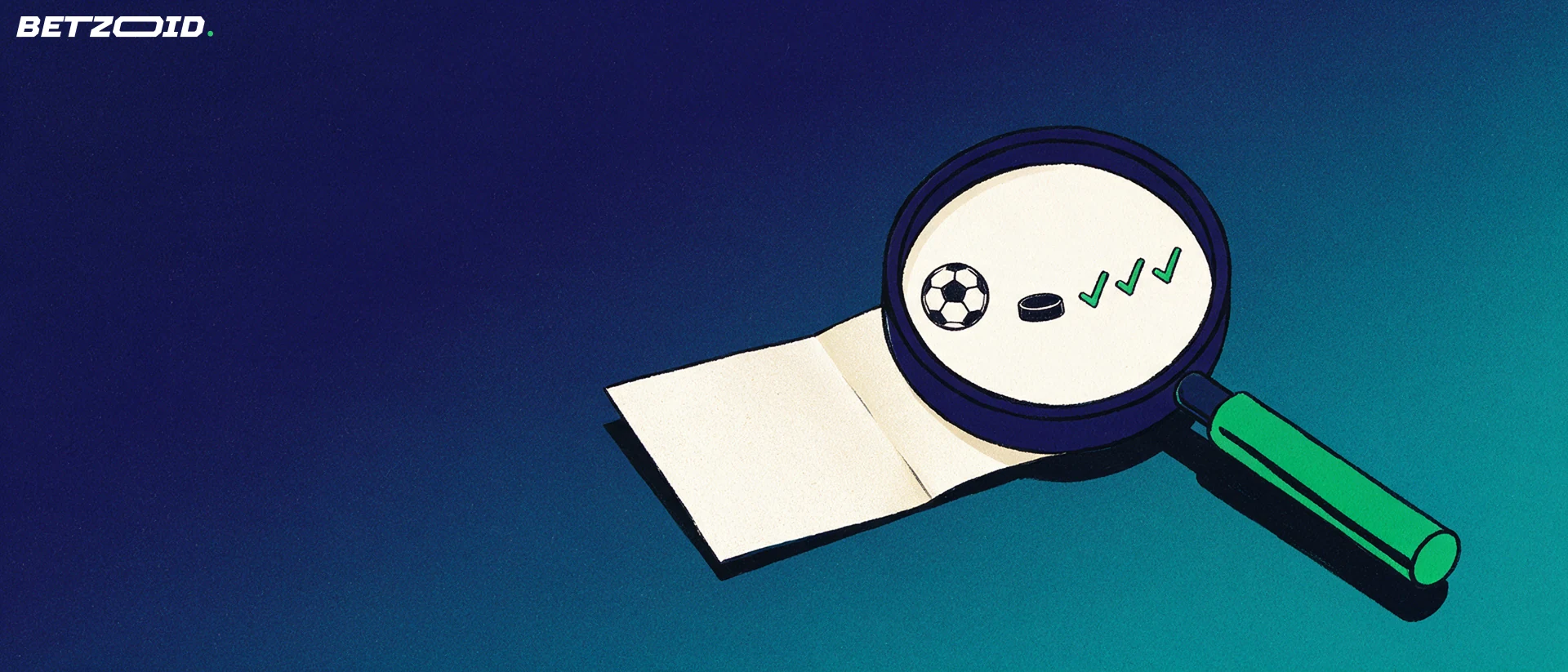 Illustration of a large magnifying glass enlarging sport symbols and tick marks on a paper betting slip.