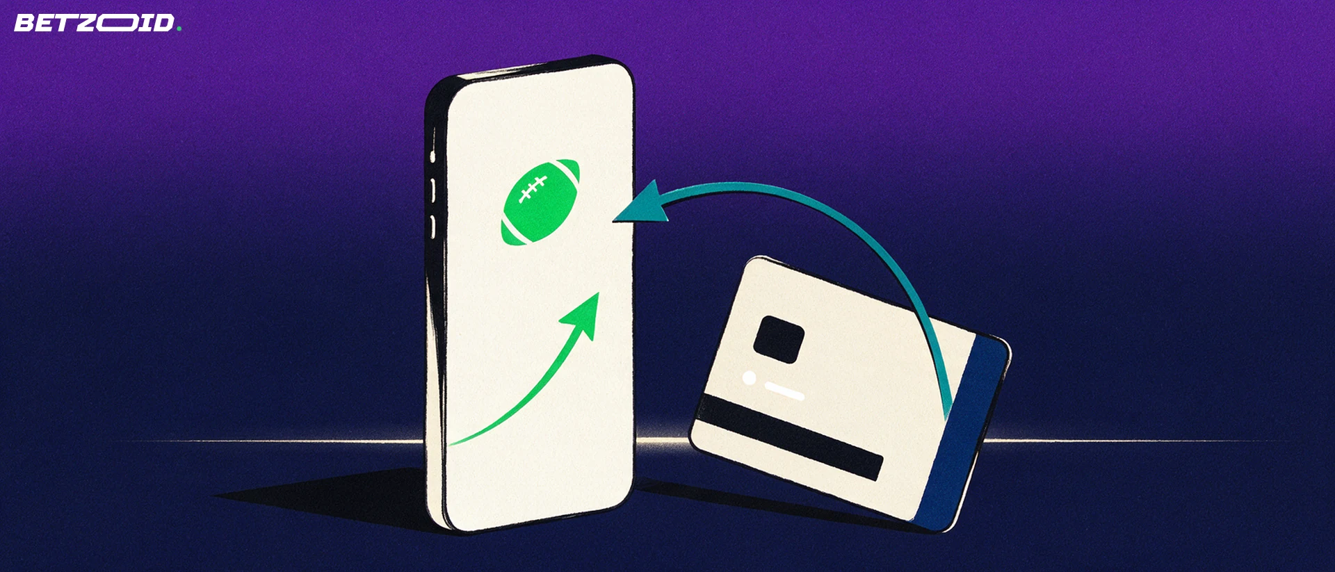 Illustration of an upright smartphone showing a football symbol beside a payment card with an arrow pointing to the phone.