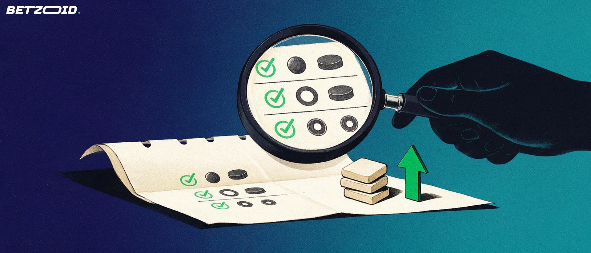 Illustration of a large magnifying glass examining a paper betting slip with simple sport symbols and green checkmarks.