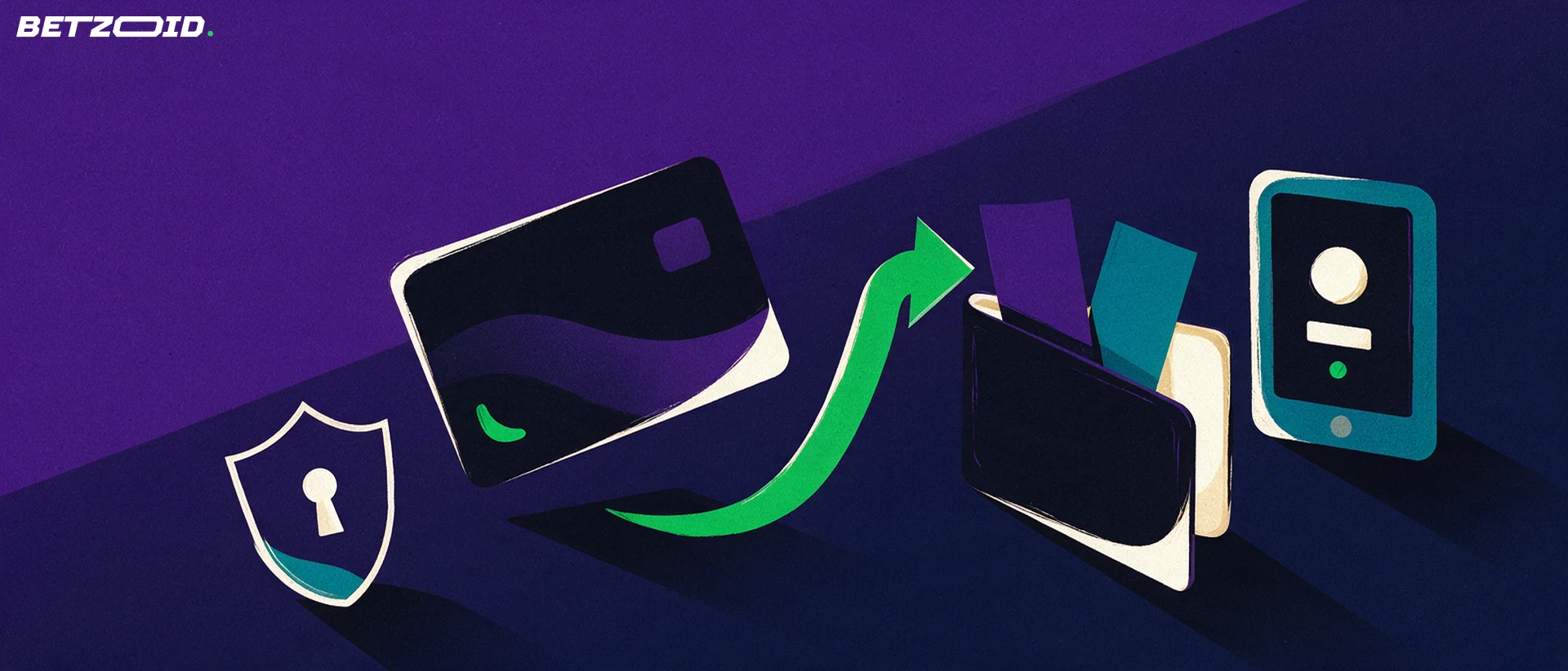 Illustration of a bank card with an arrow curving into an open wallet, beside a small device showing a ball symbol and a shield with a keyhole.