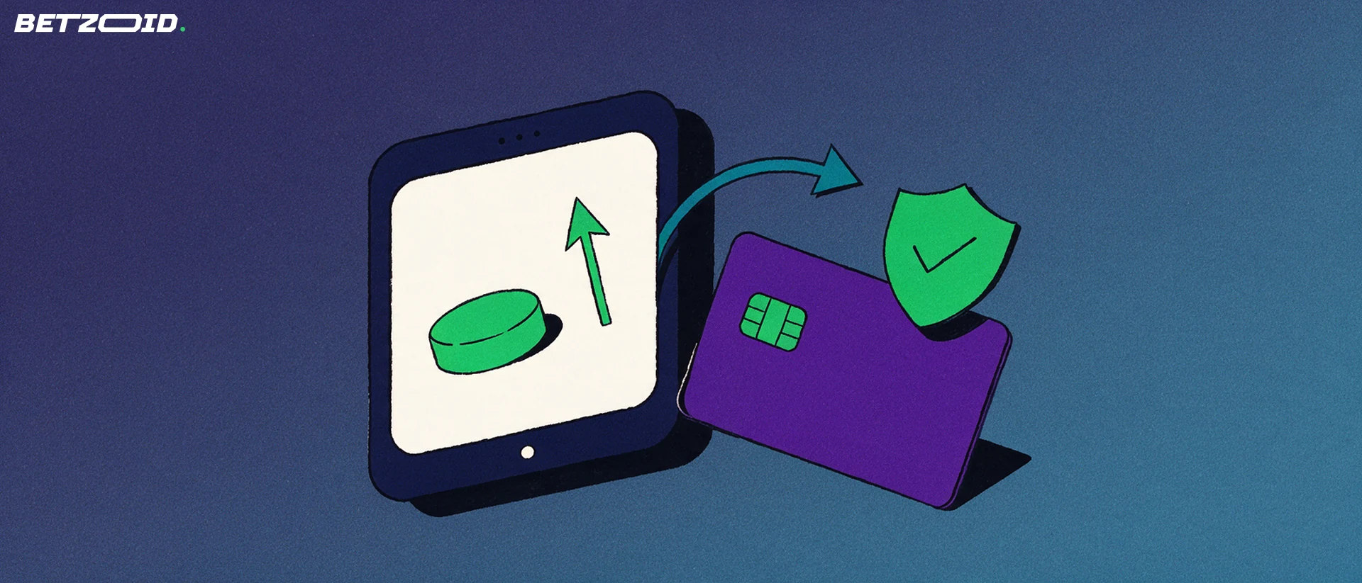 Illustration of a handheld device with a sport icon linked by an arrow to a bank card and a small security shield.