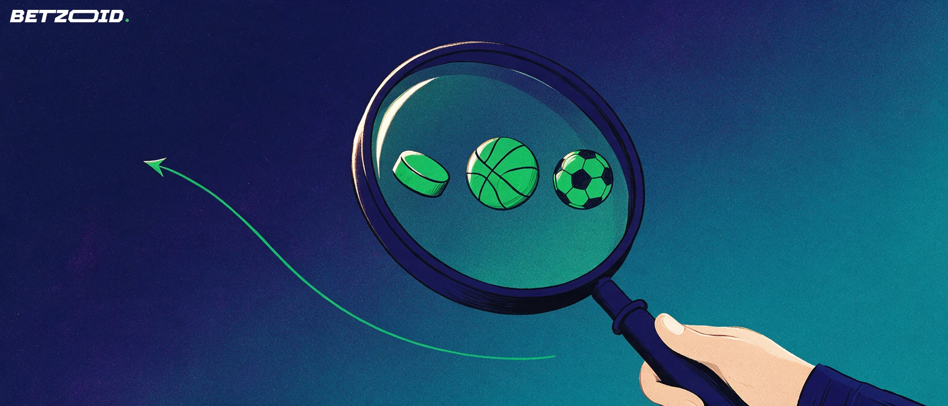 Illustration of a magnifying glass inspecting hockey, basketball and soccer symbols above a rising arrow.