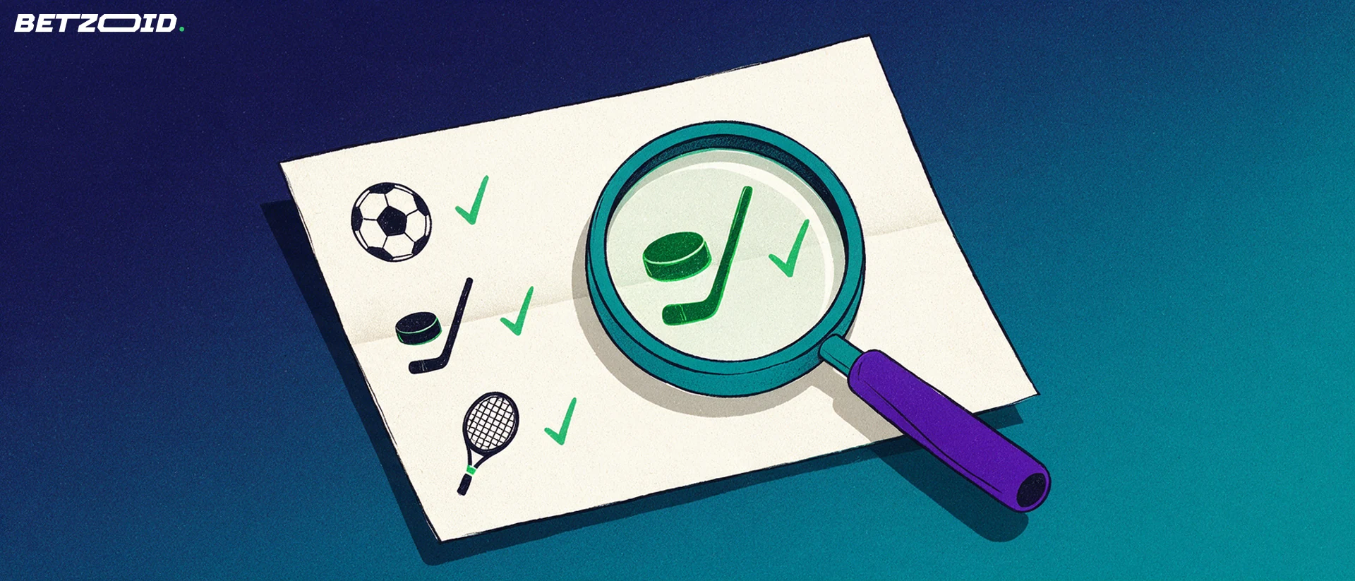 Illustration of a magnifying glass inspecting a betting slip marked with soccer, hockey and tennis symbols and check marks.
