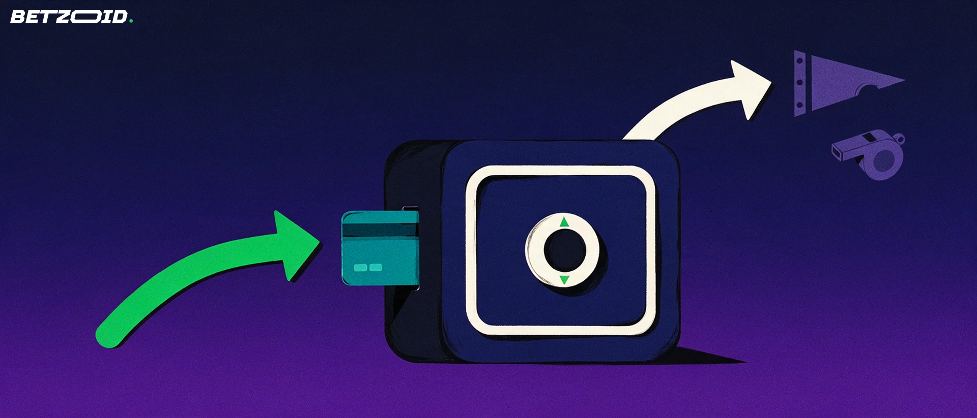 Illustration of a strongbox with a bank card and curved arrows showing money moving in and out toward sports symbols.