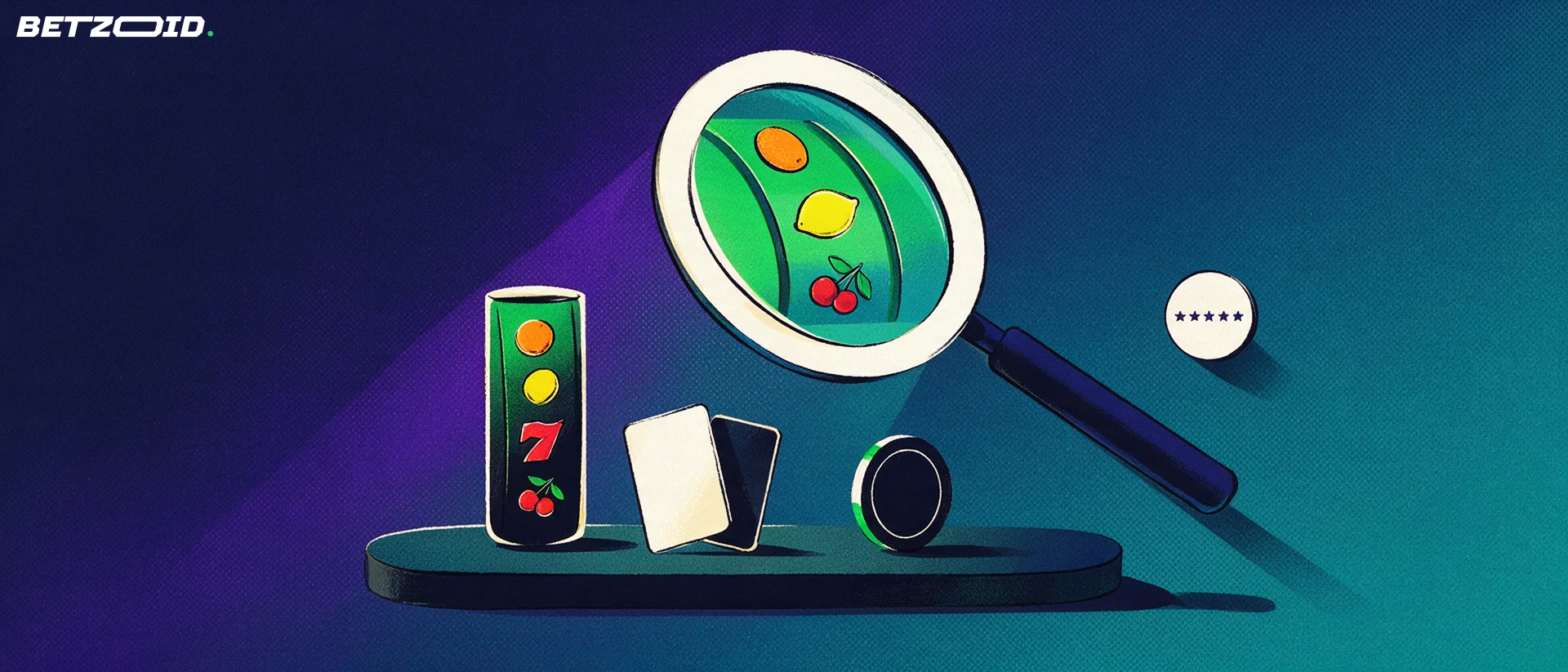 Illustration of a large magnifying glass examining a slot reel, playing cards and a casino chip beside a five-star rating badge.