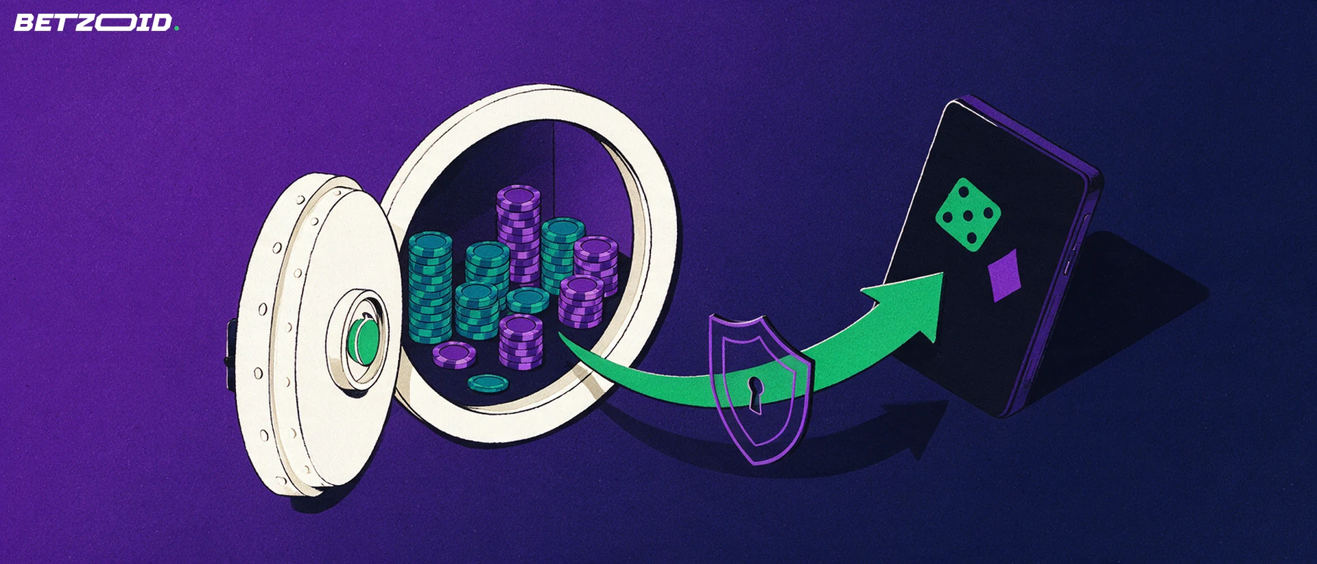 Illustration of an open vault holding casino chips with an arrow curving to a handheld device screen, crossed by a shield symbol.