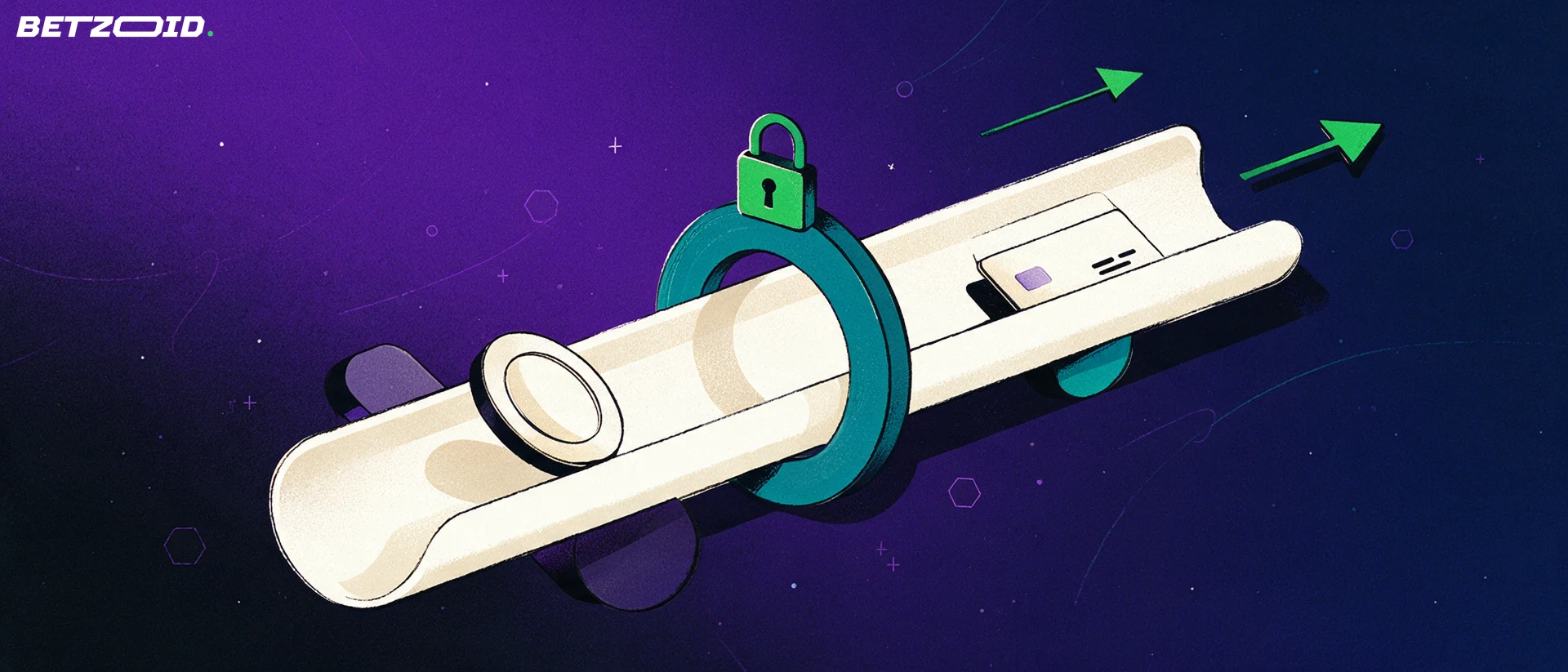 Illustration of a chip and a bank card travelling through a wide channel that passes a ring gate with a small padlock, ending in an arrow.