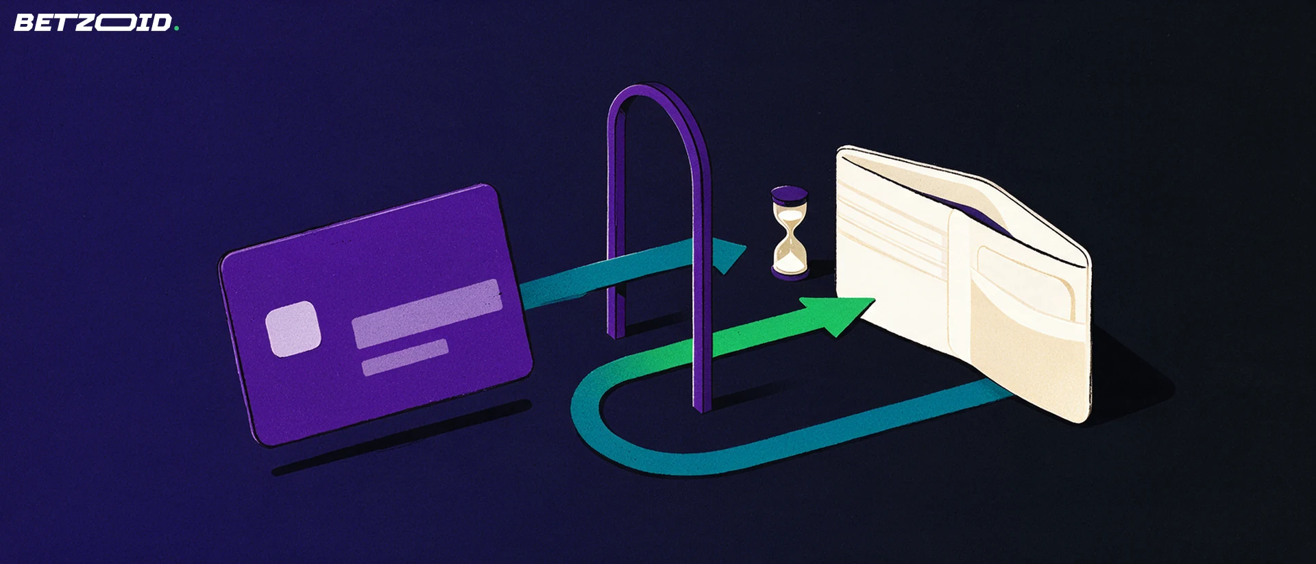 Illustration of a bank card and an open wallet linked by two arrows passing through an archway, with a small hourglass beside it.