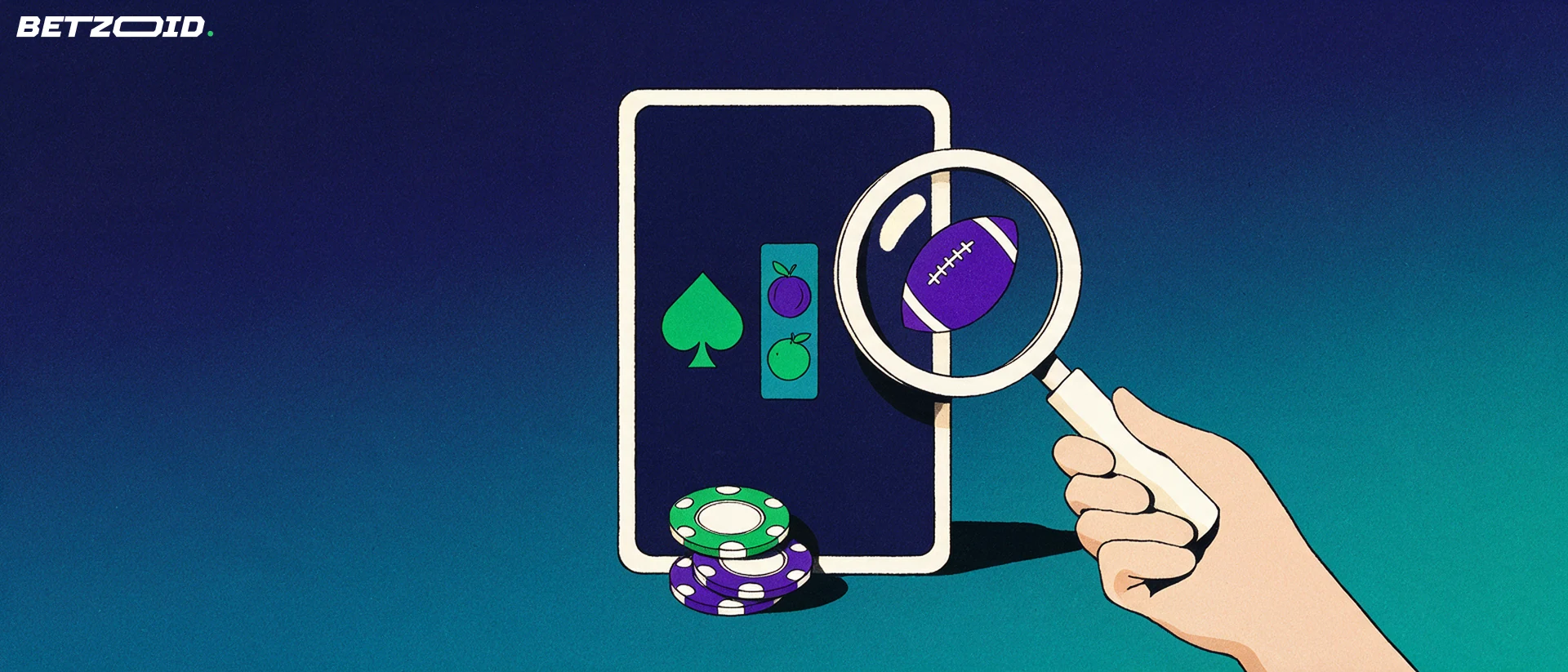 Illustration of a magnifying glass inspecting a card-shaped panel with casino and sports symbols beside a small stack of chips.