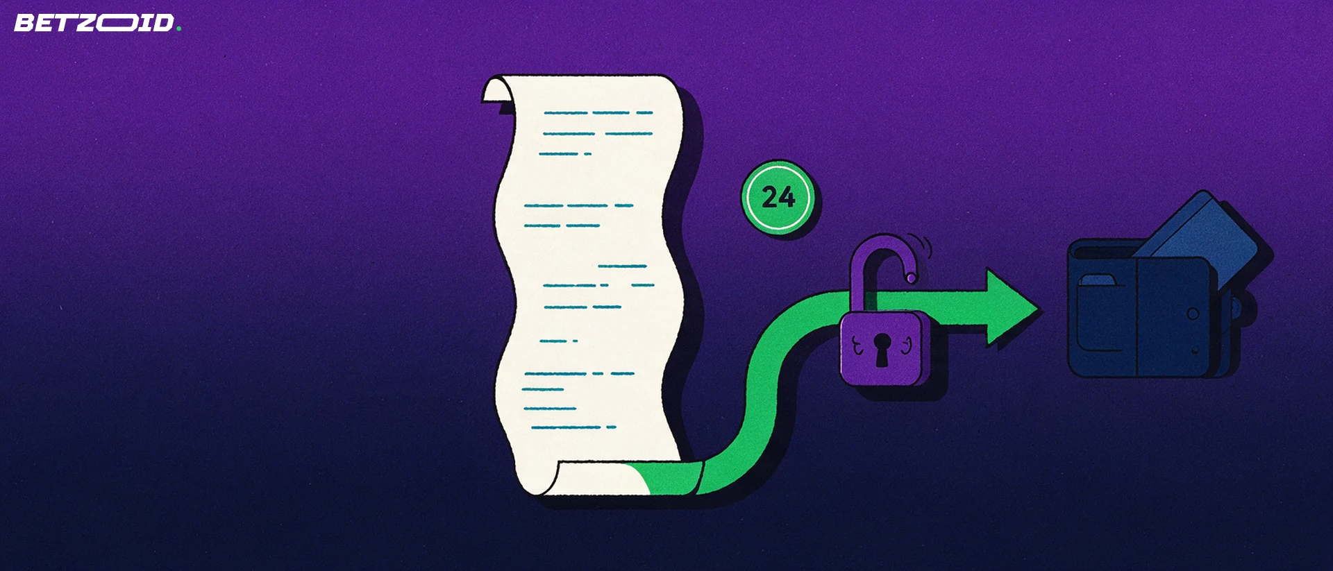 Illustration of an unrolled blank scroll with an arrow passing through an opening padlock into a wallet, with a small numeric badge.