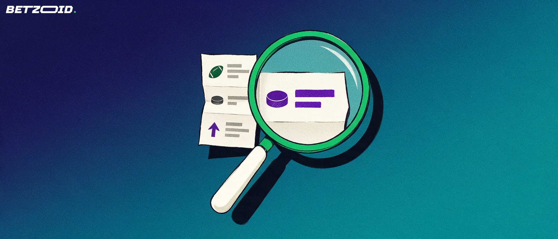 Illustration of a large magnifying glass inspecting a sports betting slip with simple sport symbols.
