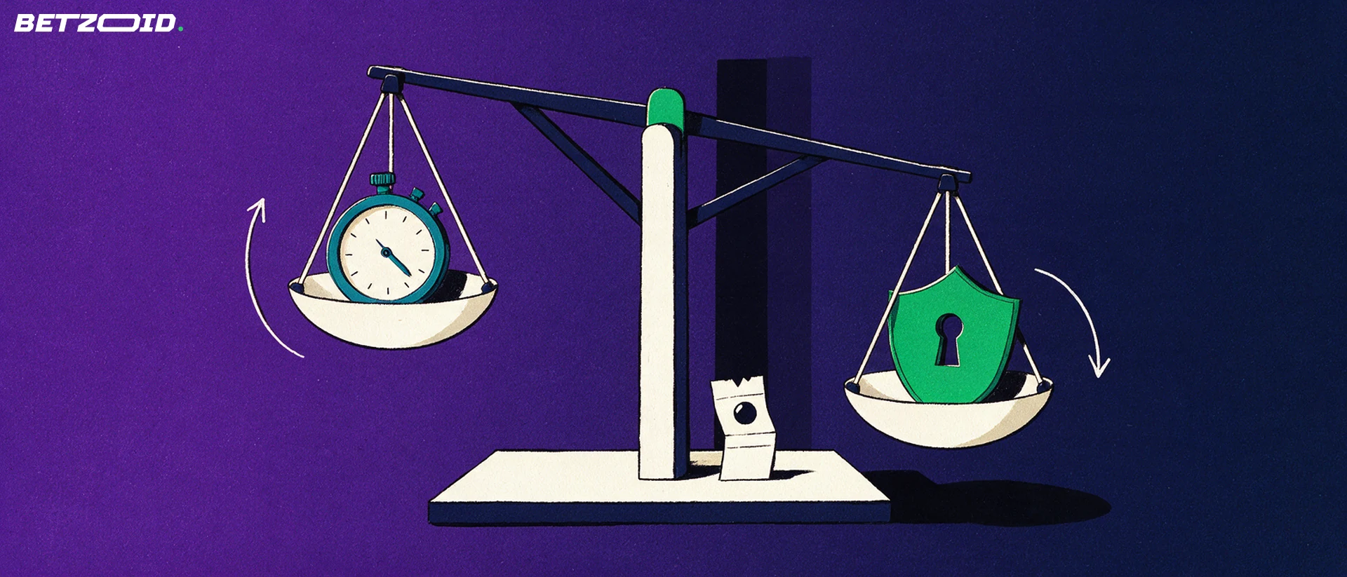 Illustration of a balance scale weighing a stopwatch against a shield beside a betting slip and a tall pillar.