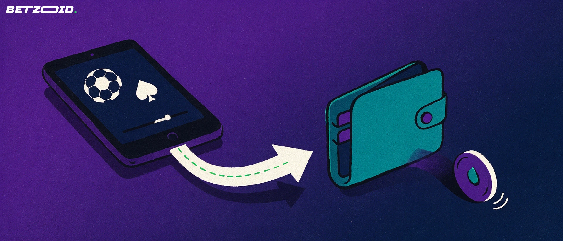 Ilustración de un teléfono con símbolos de deporte y casino conectado por una flecha a una cartera que entrega una moneda.