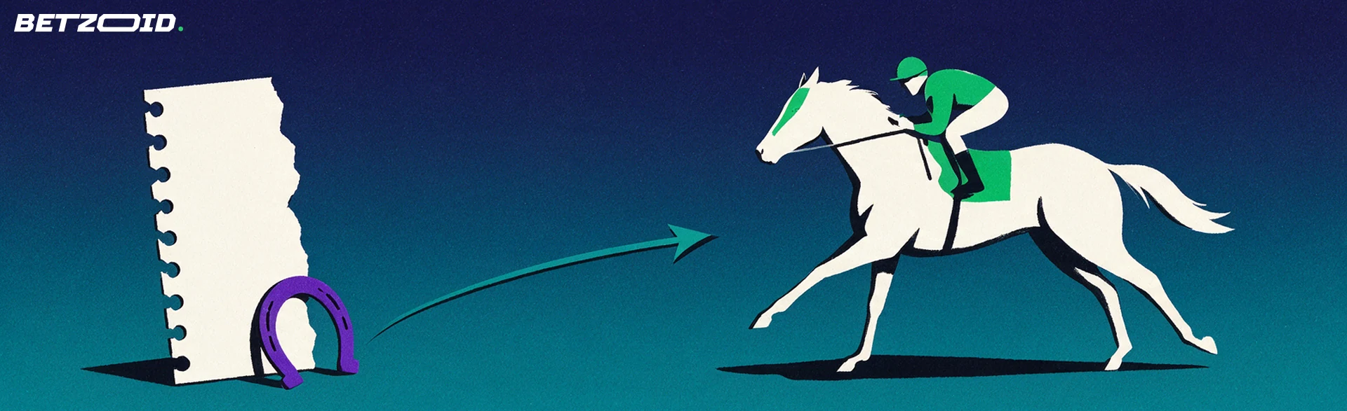 Illustration d'un cheval de course et de son jockey en silhouette à côté d'un grand ticket de pari et d'un fer à cheval.