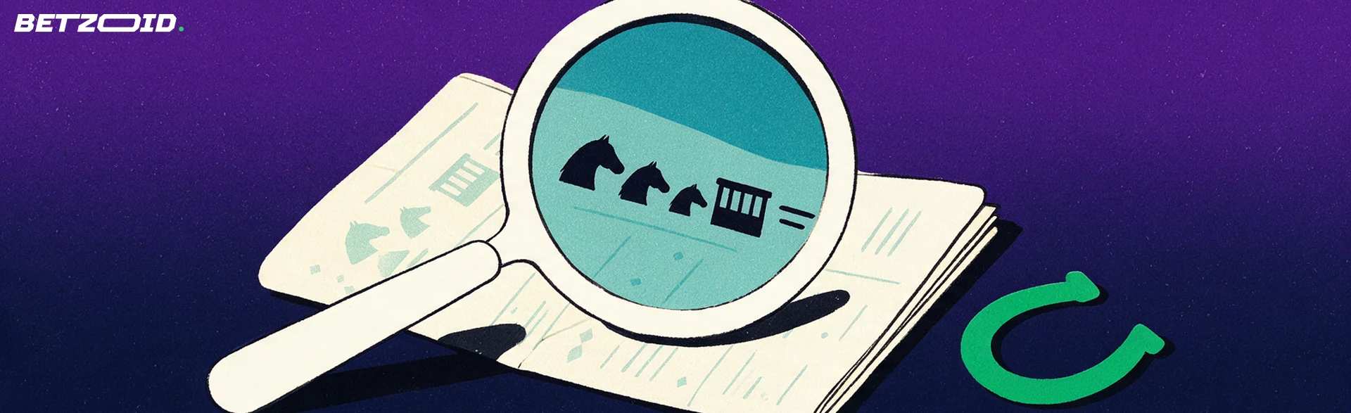 Illustration d'une loupe examinant un programme de courses hippiques pliée, avec des silhouettes de chevaux et un fer à cheval.
