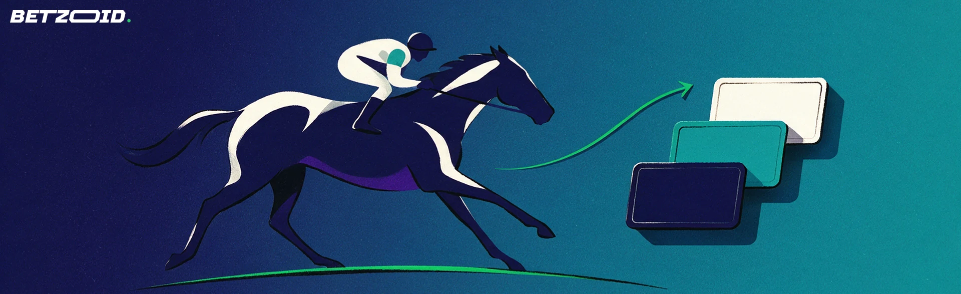 Illustration d'un cheval de course et de son jockey en silhouette, à côté de trois tuiles de cotes vierges reliées par une flèche ascendante.