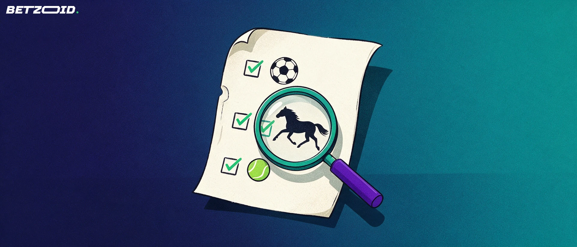 Illustration of a large sports betting slip with football, horse and tennis symbols examined through a magnifying glass
