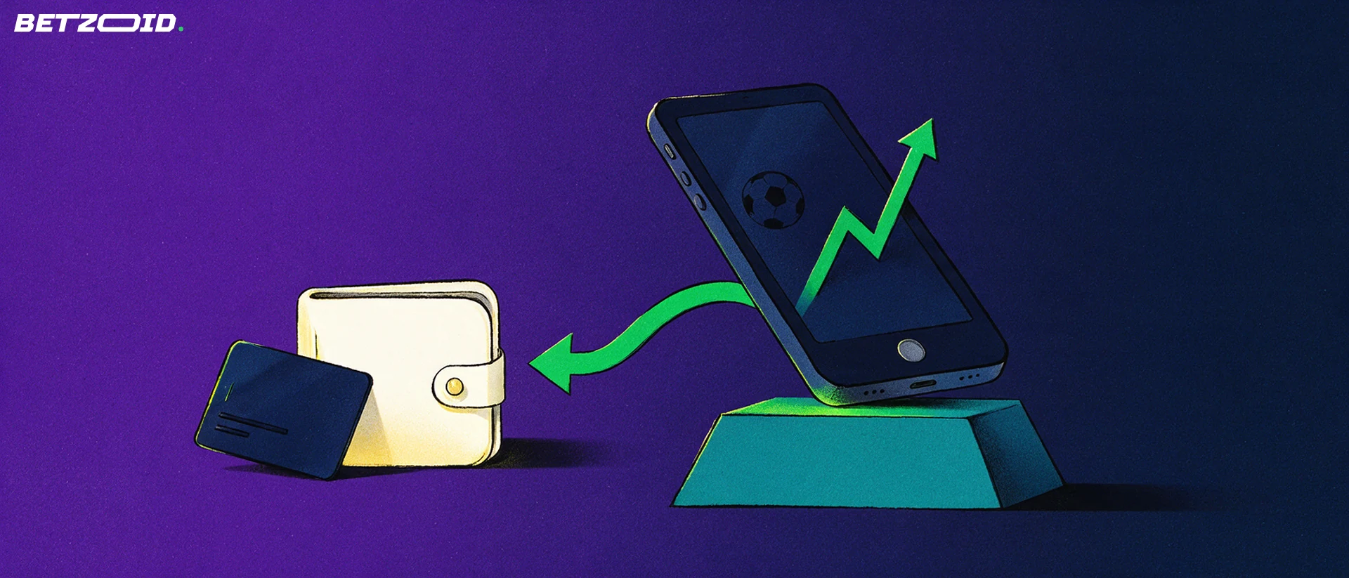 Illustration of a smartphone showing a football and rising arrow, with a green arrow flowing into a wallet and a payment card