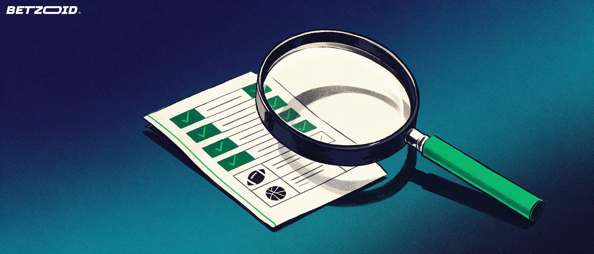 Illustration d'une grande loupe examinant un ticket de paris papier orné de petits symboles de football et de basket-ball.