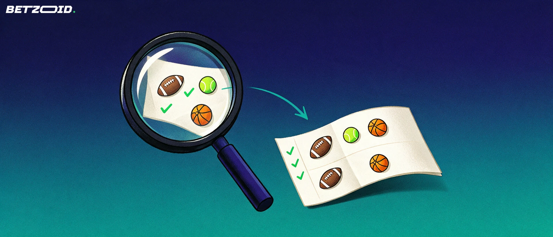 Illustration d'une grande loupe examinant un coupon de paris orné de symboles de football, de tennis et de basket-ball.