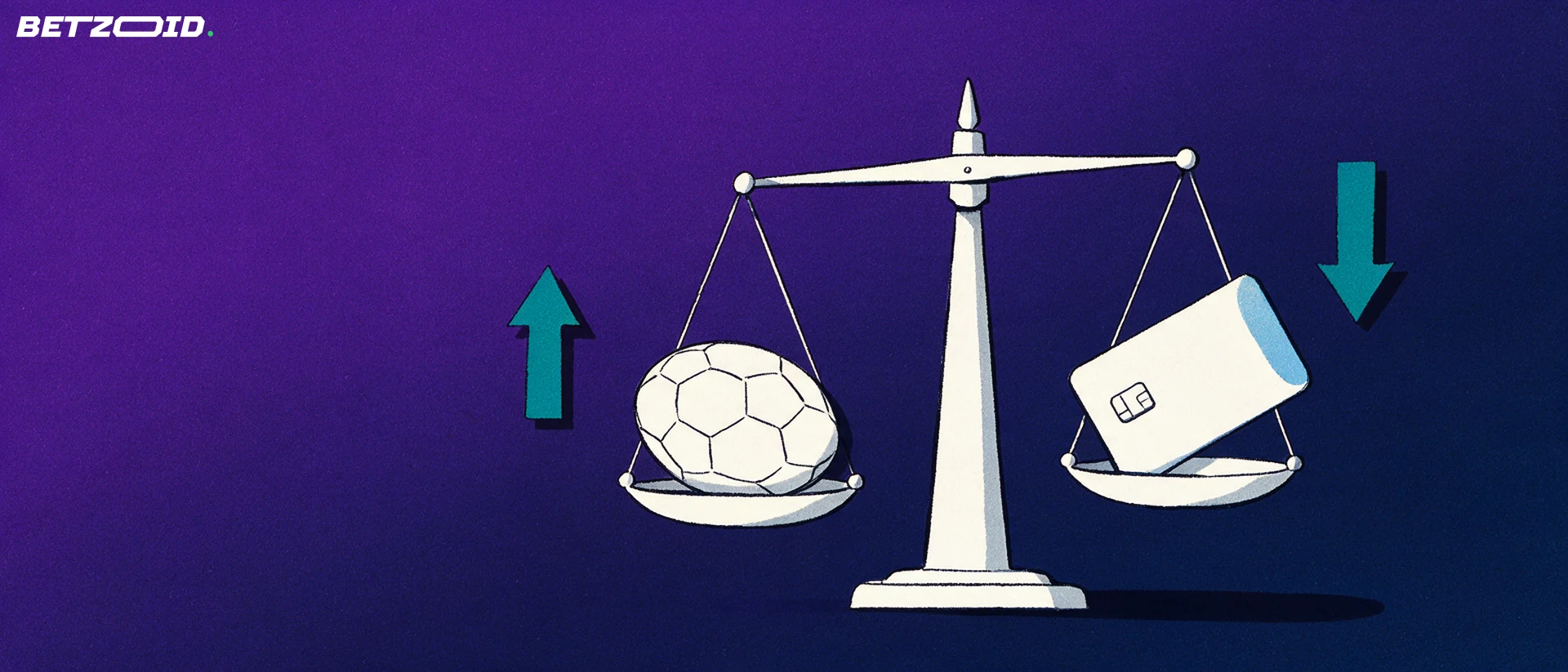 Illustration d'une balance comparant un ballon de football et une carte de paiement sans marque, avec deux flèches opposées.