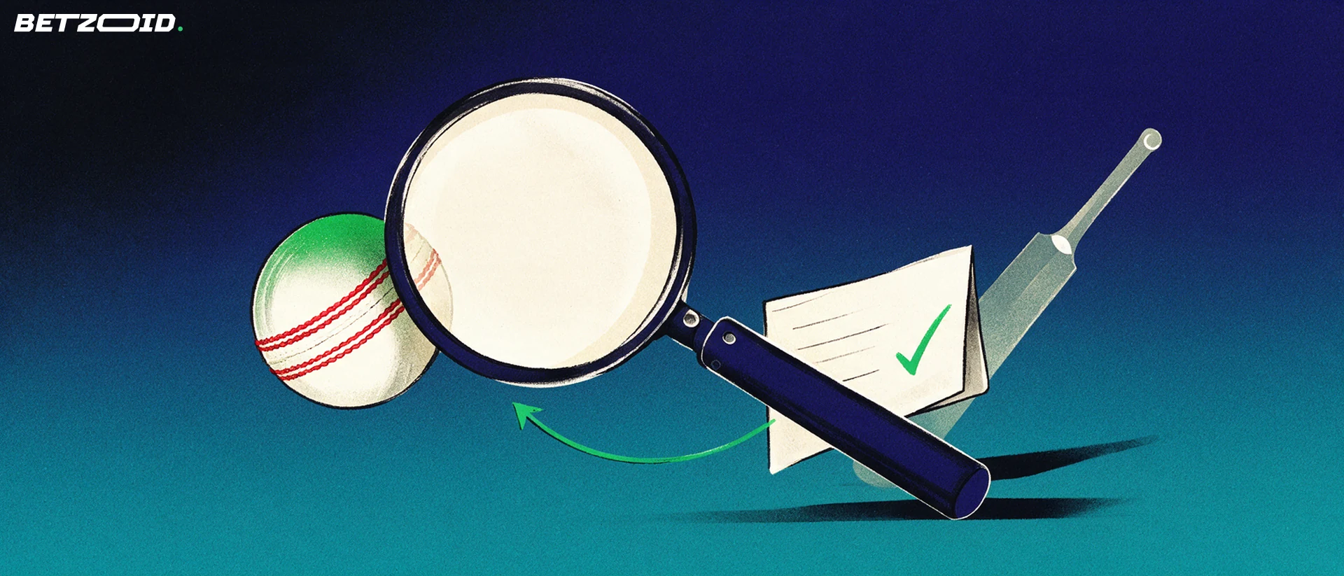 Illustration of a magnifying glass inspecting a cricket ball and a blank betting slip with a green tick