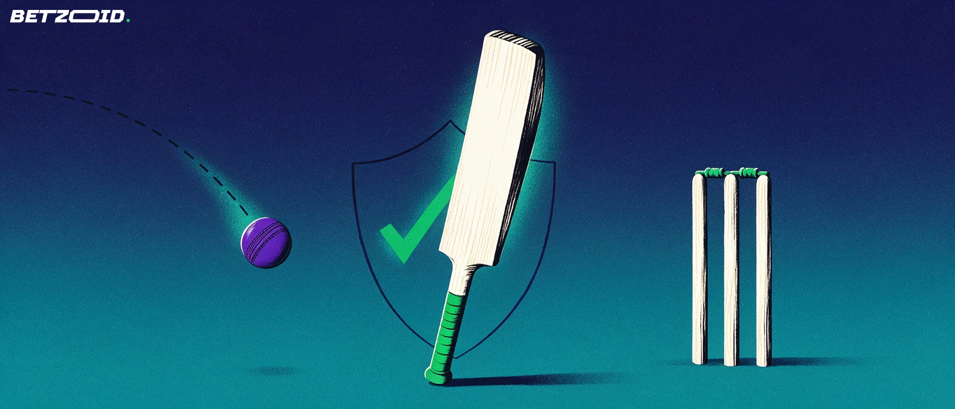Illustration of an upright cricket bat with a ball arcing toward it, wooden stumps and a shield with a checkmark behind.