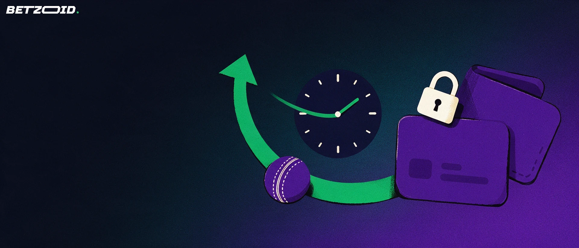 Illustration of a bank card and wallet with a green arrow curving past a clock and a small cricket ball, showing payout speed.