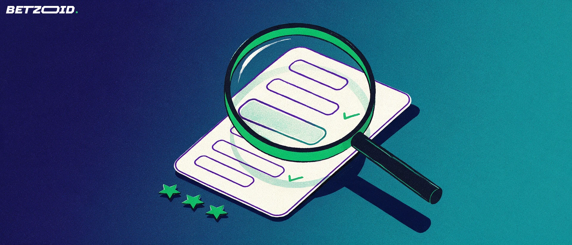 Illustration of a large magnifying glass inspecting a betting slip with checkmarks and three small stars beside it.