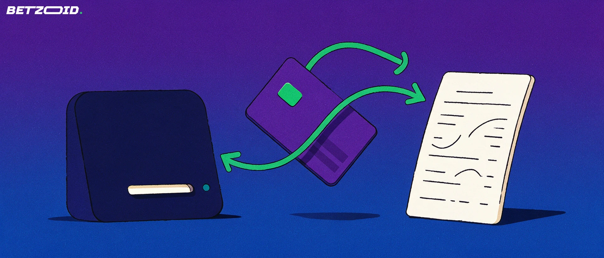 Illustration of a payment card sliding into a deposit terminal with a looping two-way arrow connecting it to a betting ticket.