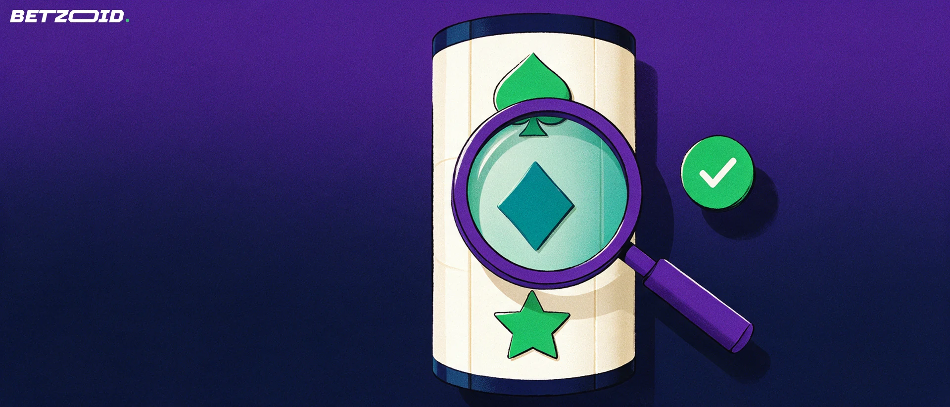 Illustration of a large magnifying glass examining a slot reel drum marked with card-suit and star symbols beside a checkmark badge.