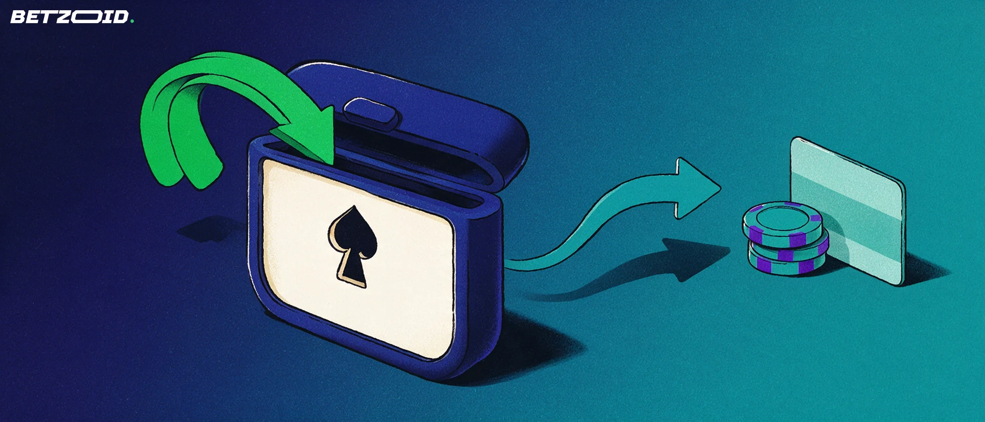 Illustration of a wallet-style vault with a card-suit keyhole, two arrows showing money in and out, casino chips and a plain payment card.
