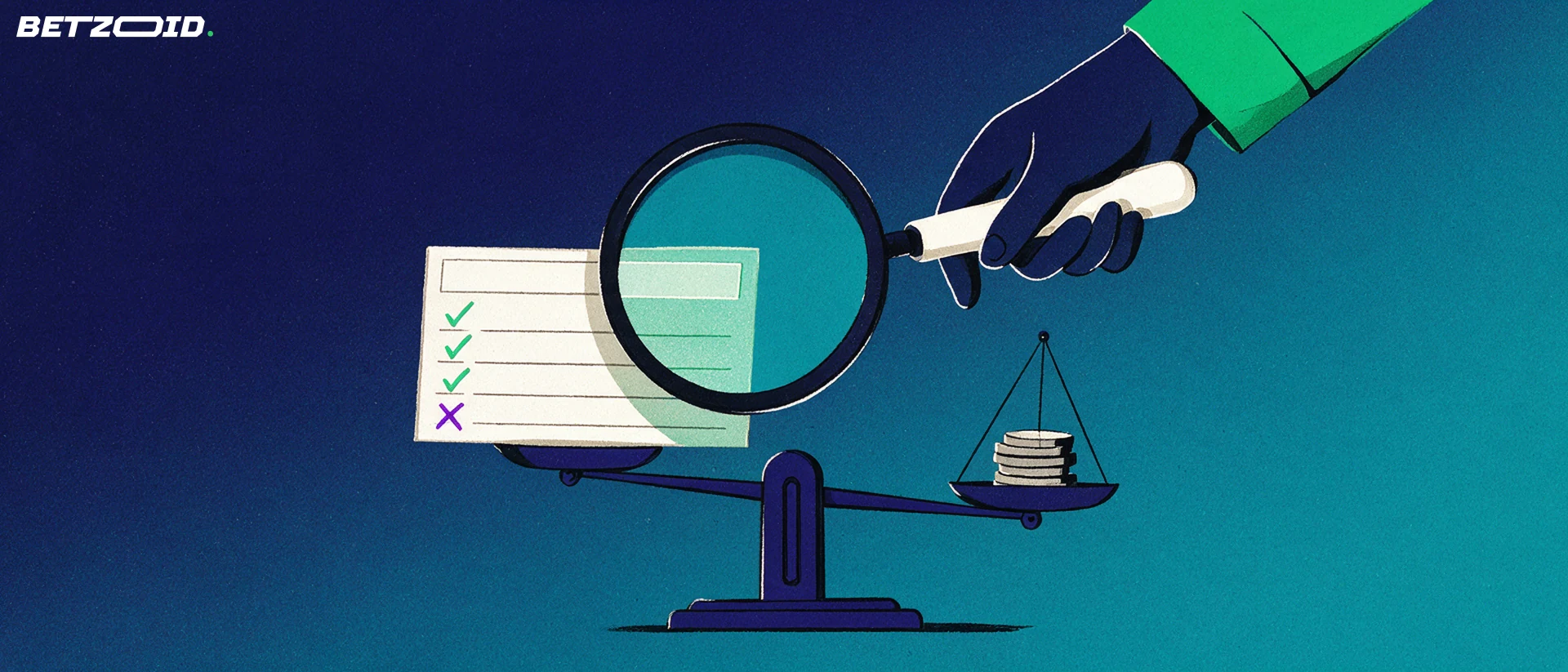 Illustration of a magnifying glass inspecting a blank betting coupon marked with ticks, resting on one pan of a balance scale.