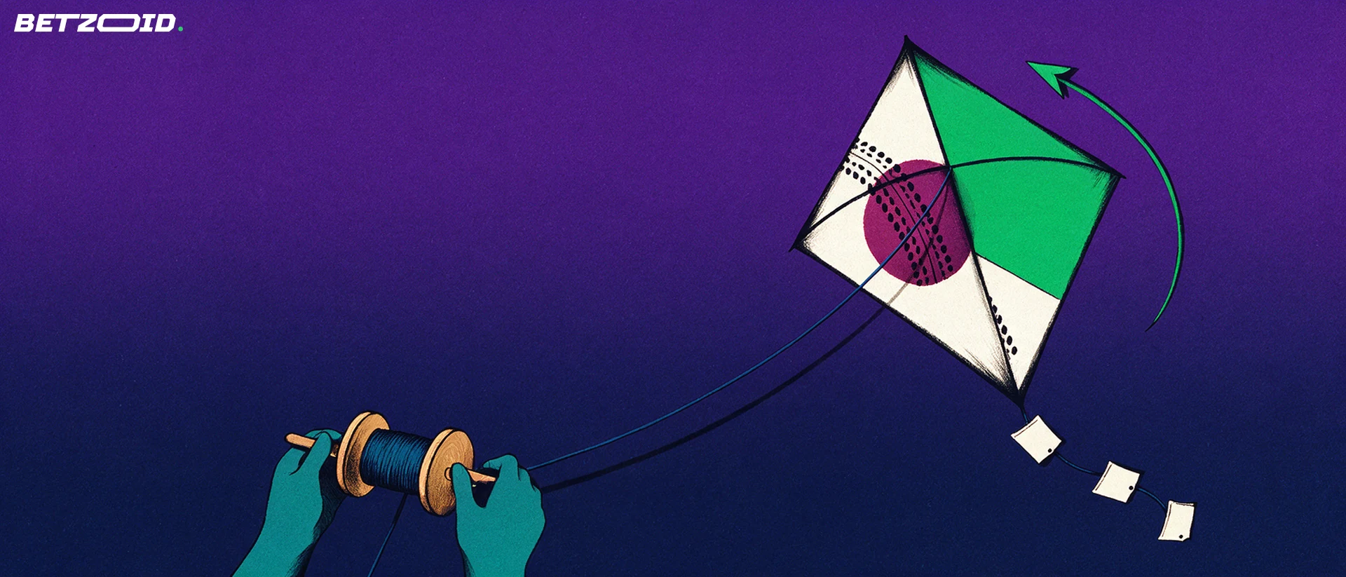Illustration of a diamond kite with cricket-ball stitching flying from a string spool held by two hands, with small blank slip-shaped flags on its tail.