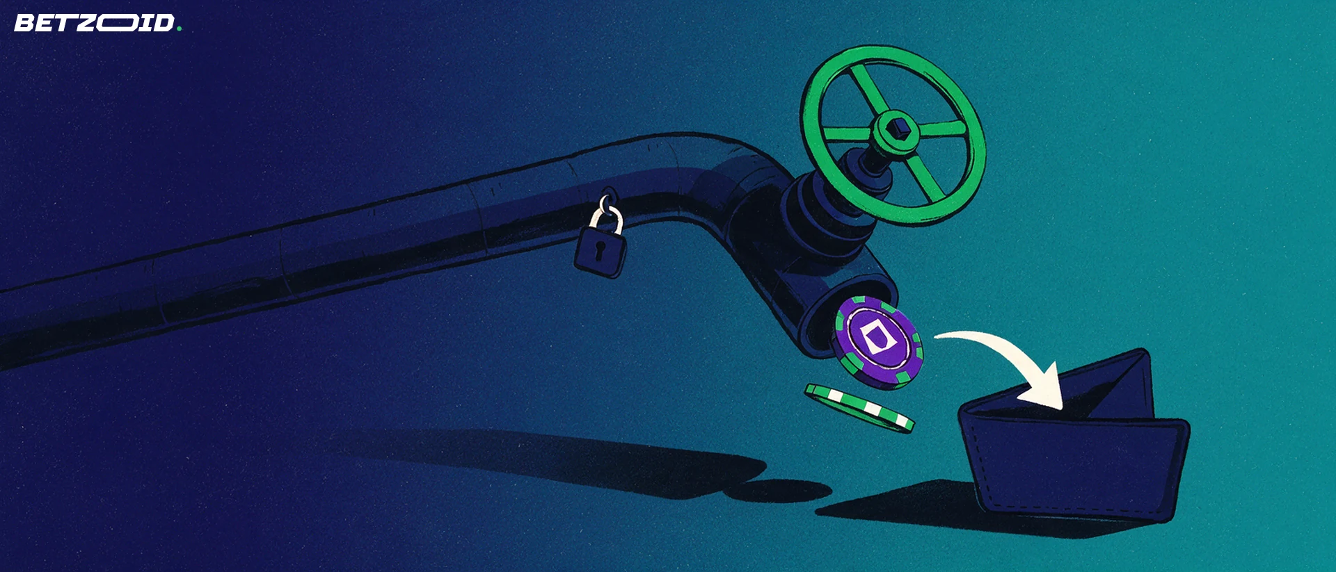 Illustration of a valve on a pipe releasing a gambling chip and token along an arrow into an open wallet, with a small padlock on the pipe.