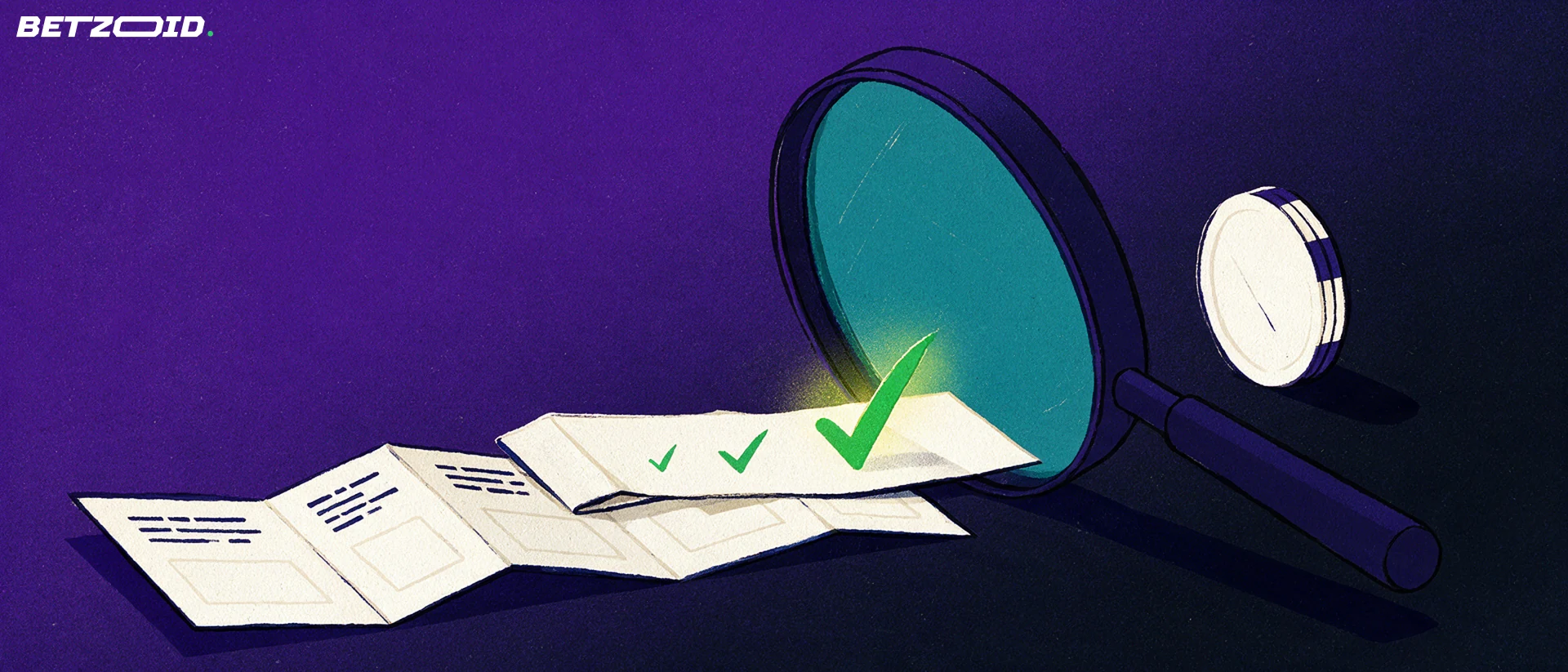 Illustration of a large magnifying glass over a folded terms document, a wager slip with tick marks and a standing gambling chip.