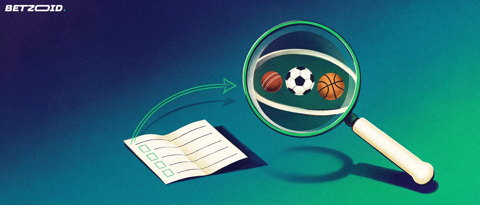 Illustration of a large magnifying glass inspecting a paper betting slip, with cricket, football and basketball symbols enlarged inside the lens.