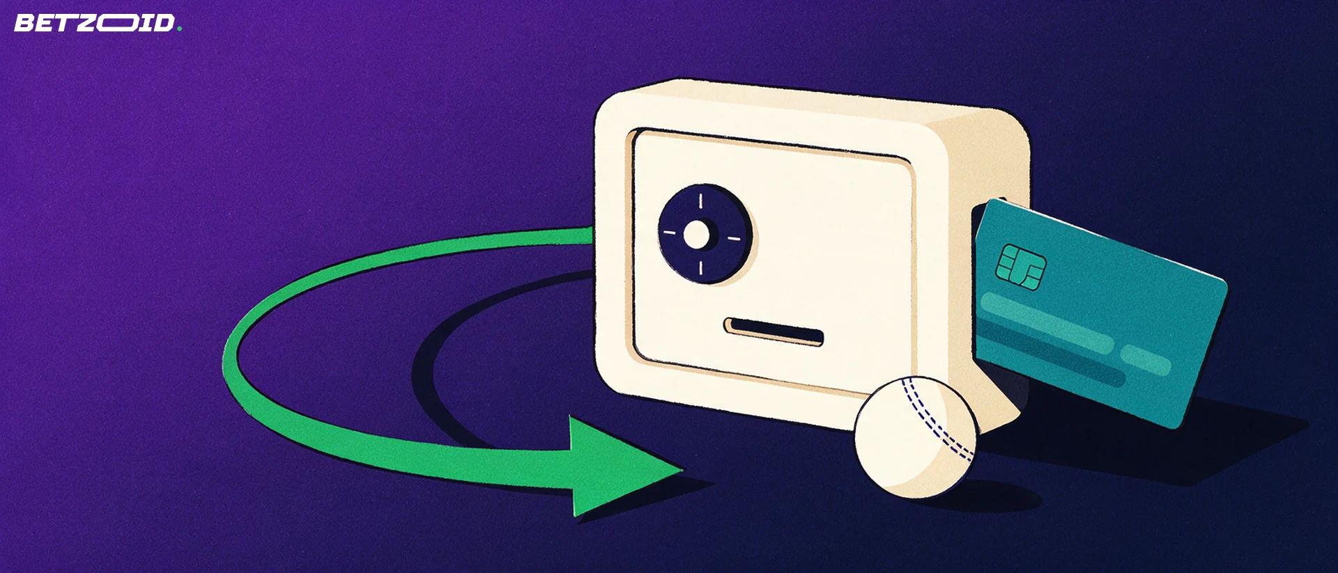 Illustration of a bank card sliding into a stylised safe with a green arrow looping back out and a cricket ball beside it.