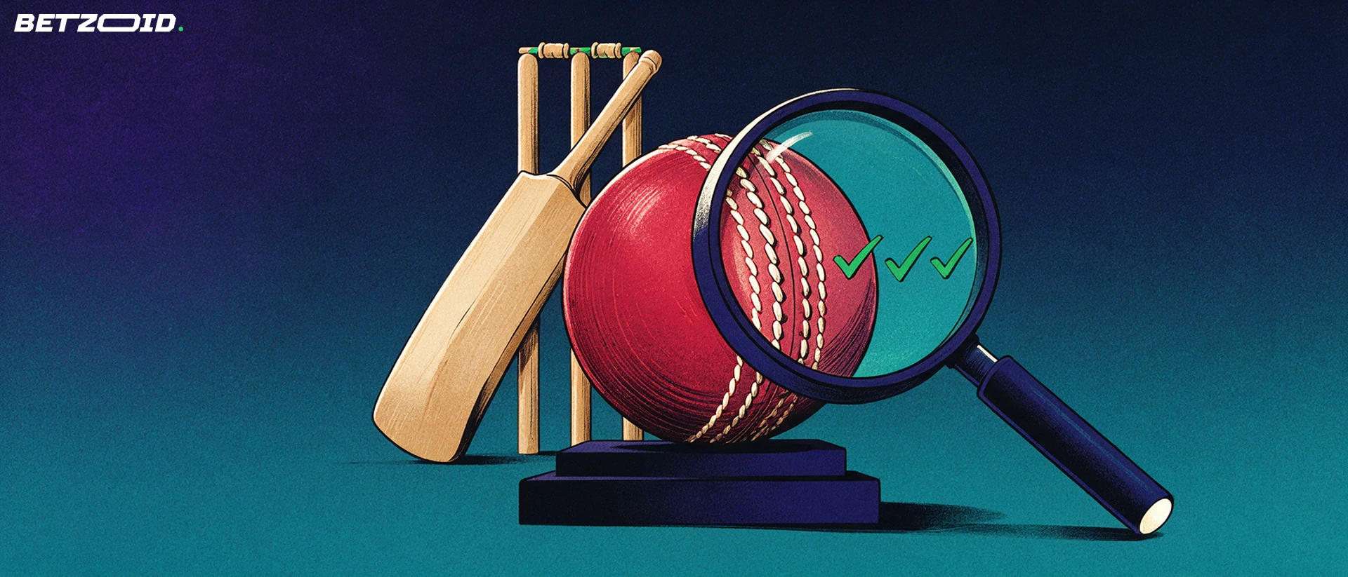 Illustration of a large cricket ball inspected through a magnifying glass, with a bat and stumps behind it.