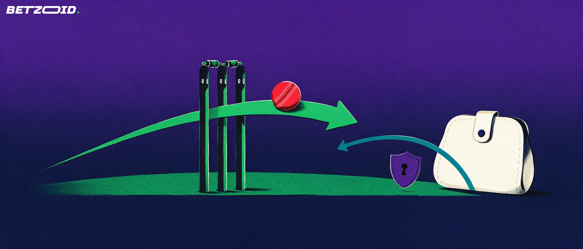 Illustration of a cricket ball following a curved arrow through cricket stumps into a plain wallet, with a return arrow and a small shield.