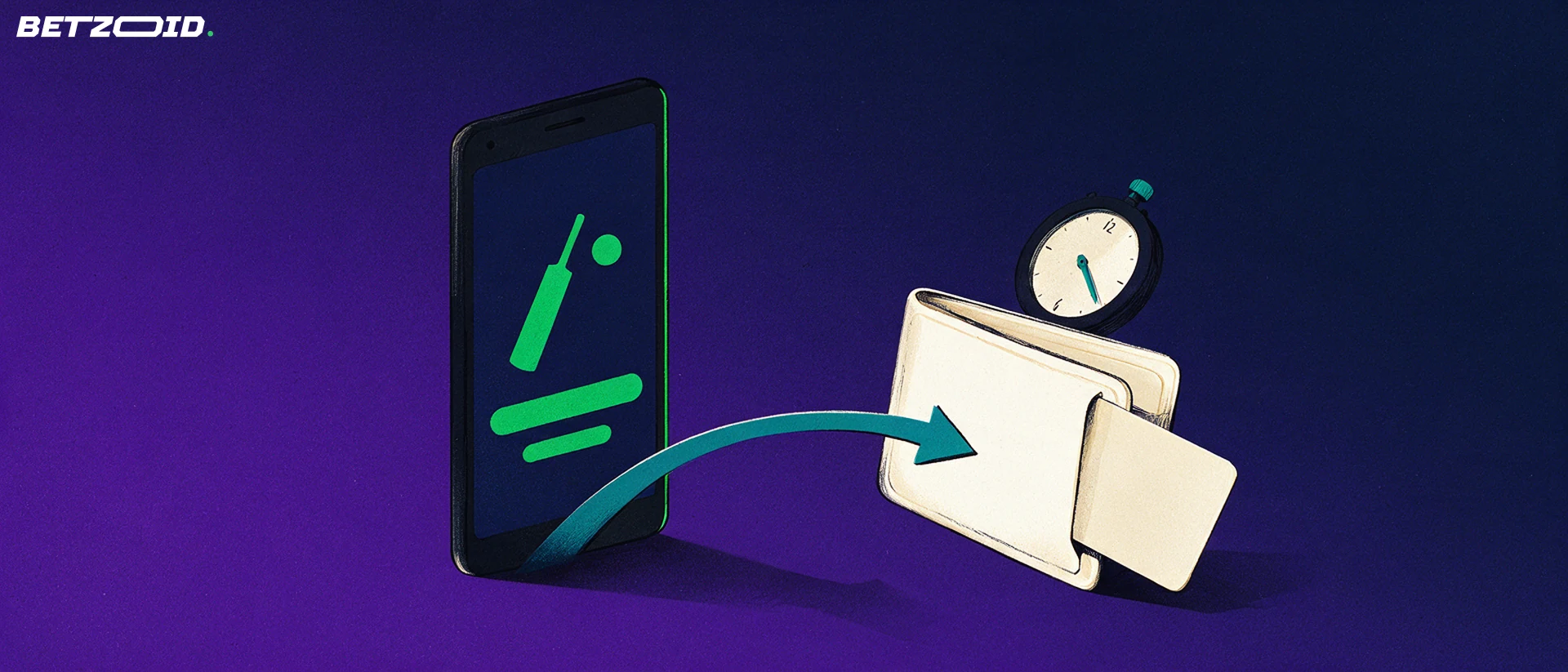 Illustration of a smartphone showing a cricket symbol with an arrow curving into an open wallet beside a stopwatch.