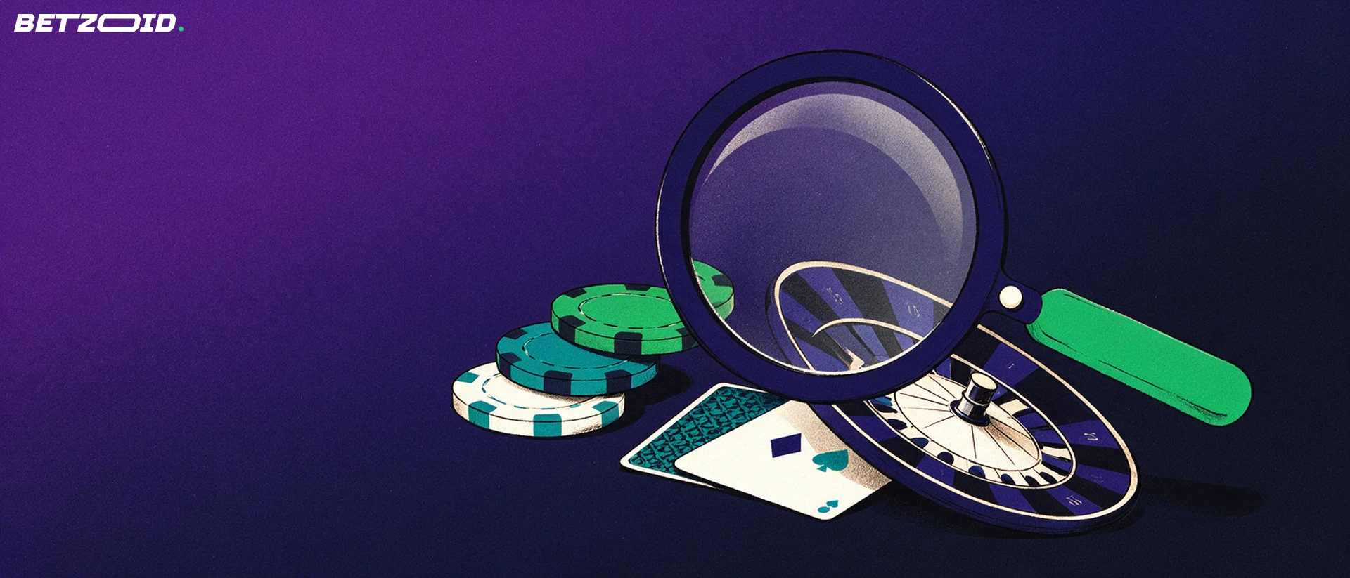 Illustration of a magnifying glass held over casino chips, playing cards and a roulette disc, suggesting a close inspection of casino games.