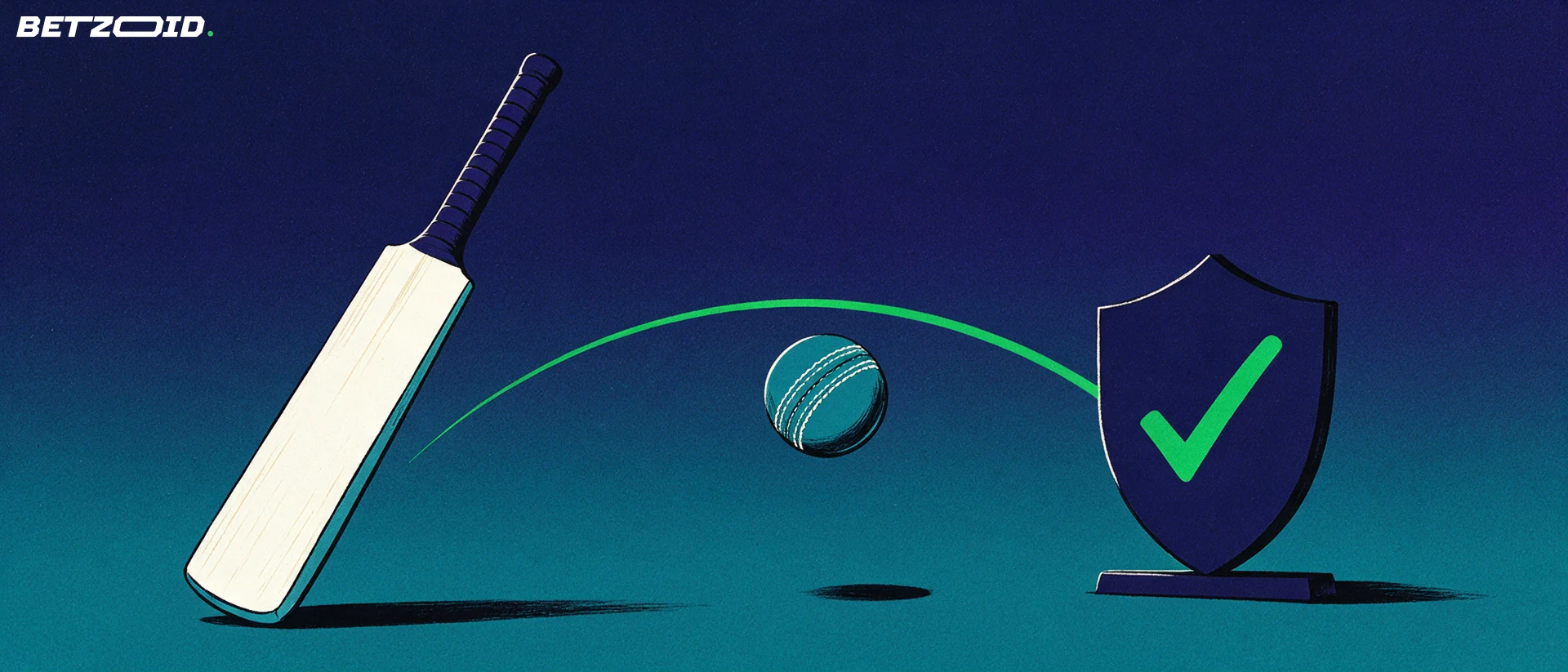 Illustration of a cricket bat and ball with the ball arcing toward a shield marked with a check mark, representing an assessment of cricket betting.