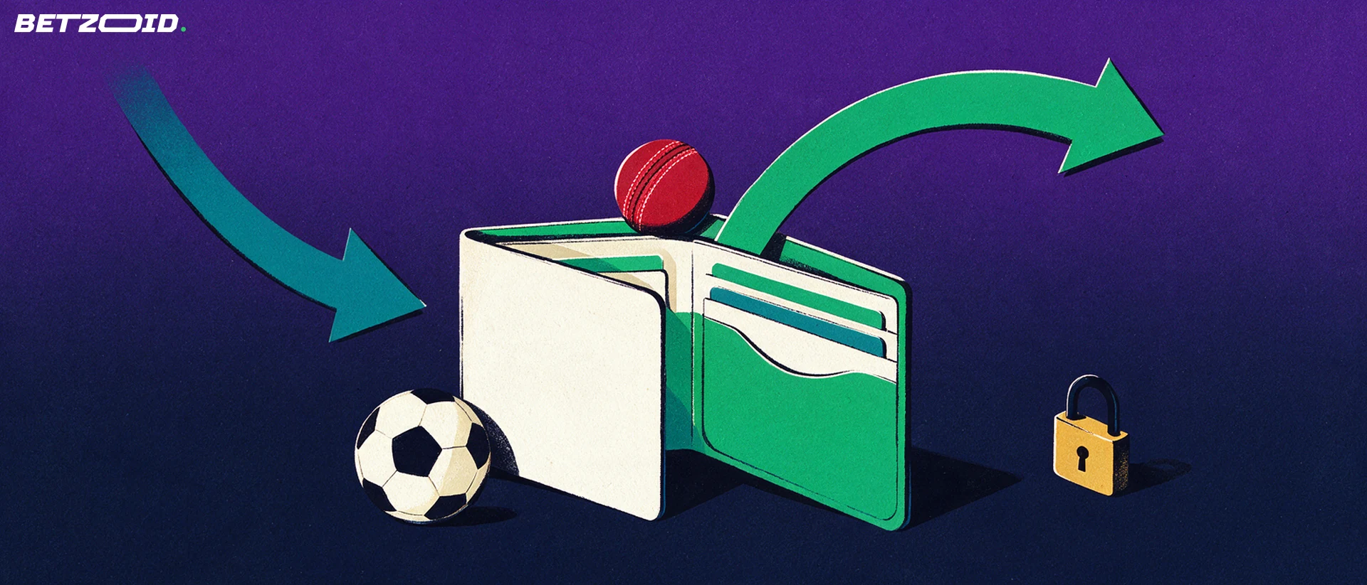 Illustration of an open wallet with two curved arrows for money in and out, beside a cricket ball, a football and a padlock.